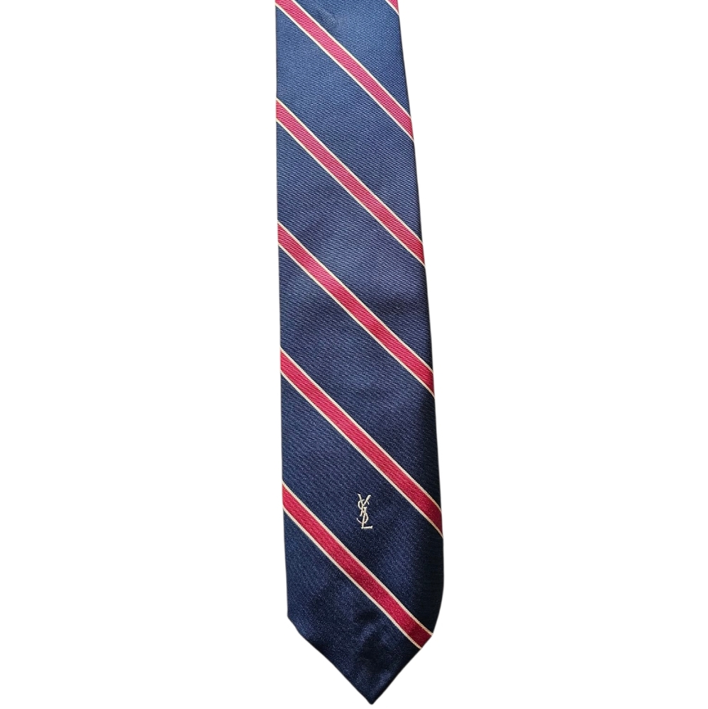 Yves Saint Laurent Sugnature Red Strap Navy Dark Blue‎ Embroudered Logo Tie